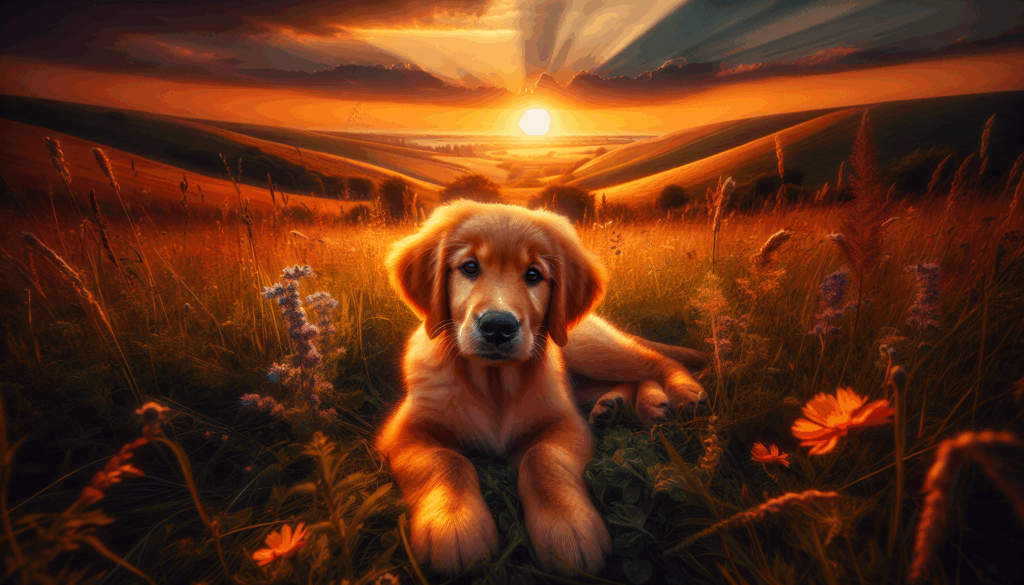 Chiot golden retriever assis dans un champ herbeux au coucher du soleil.