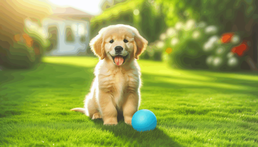Un chiot golden retriever assis sur une pelouse verte avec une balle bleue.