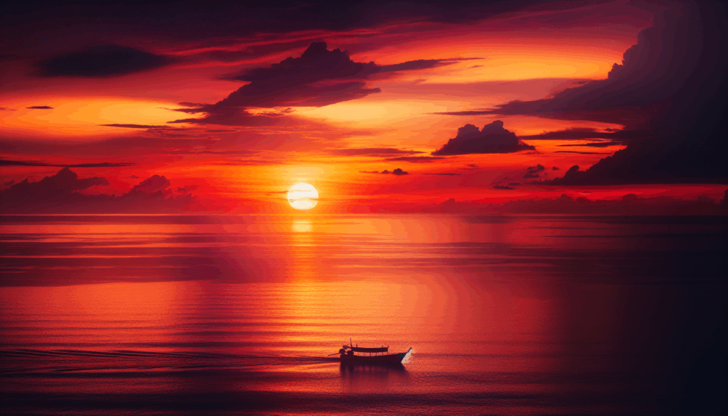 Vue du coucher de soleil sur un océan calme avec la silhouette d'un bateau solitaire.
