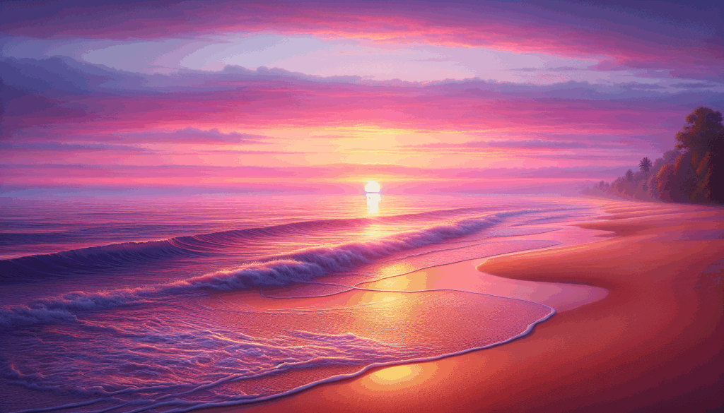 Un coucher de soleil réaliste et serein sur la plage avec de douces vagues et un ciel dégagé.