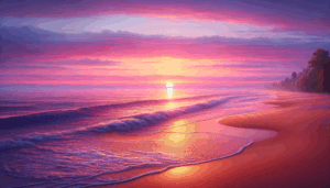 Un coucher de soleil réaliste et serein sur la plage avec de douces vagues et un ciel dégagé.