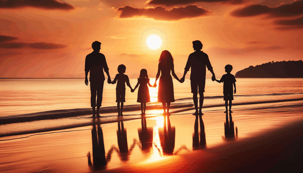 Famille en silhouette se tenant par la main au coucher du soleil sur une plage.