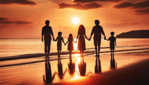 Famille en silhouette se tenant par la main au coucher du soleil sur une plage.