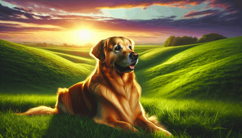 Une image réaliste d'un golden retriever assis sur une colline herbeuse au coucher du soleil.