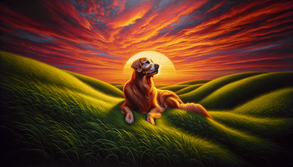 Une image réaliste d'un golden retriever assis sur une colline verdoyante au coucher du soleil.