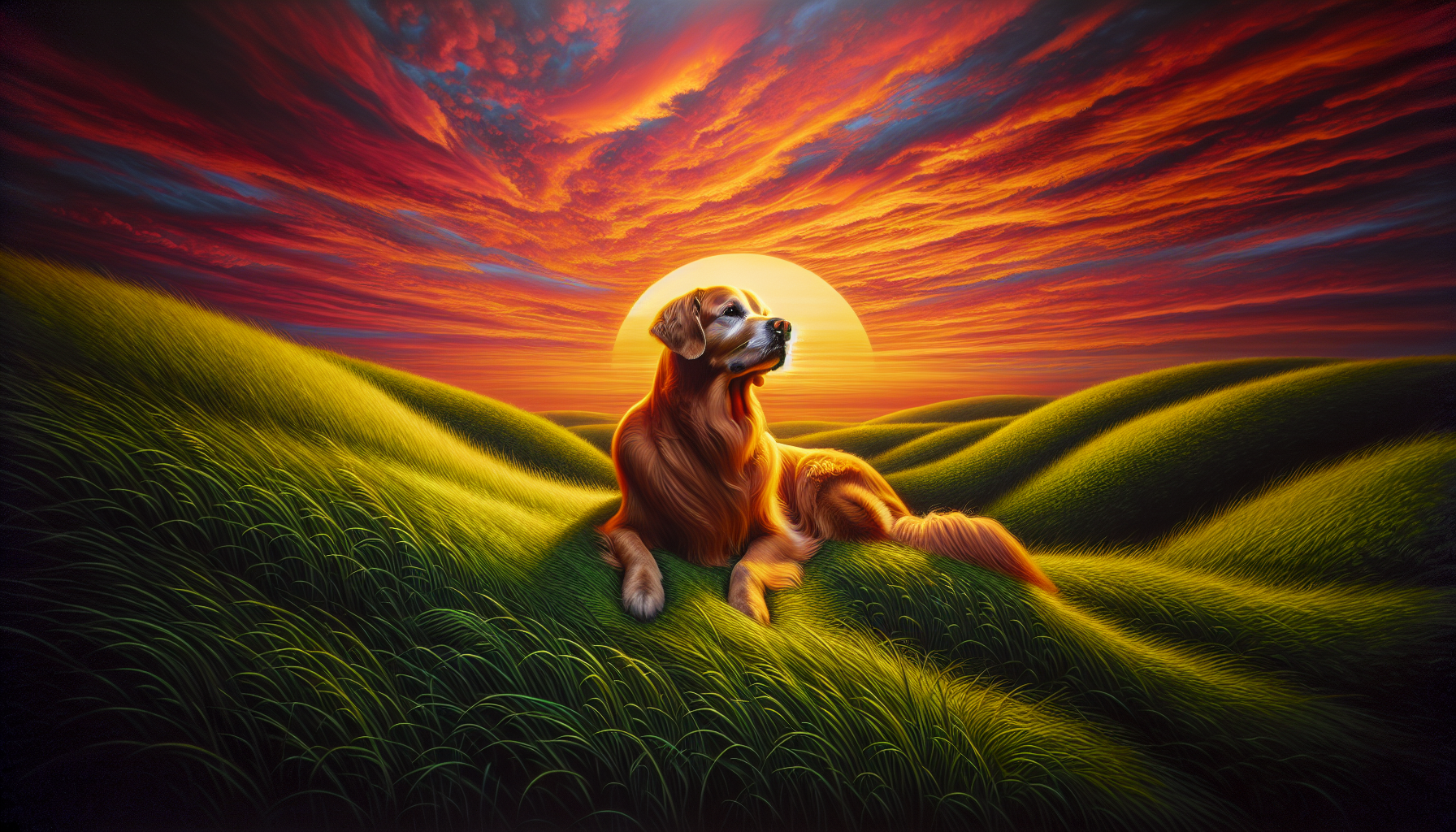 Une image réaliste d'un golden retriever assis sur une colline verdoyante au coucher du soleil.