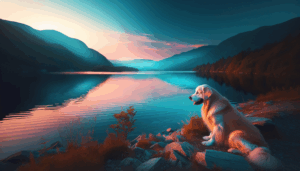Un golden retriever assis calmement à côté d'un lac bleu au coucher du soleil.