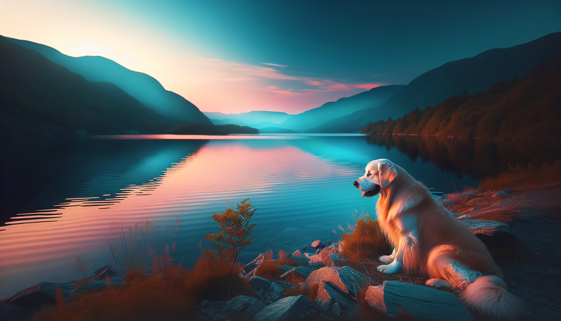 Un golden retriever assis calmement à côté d'un lac bleu au coucher du soleil.