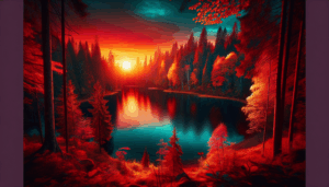 Une image réaliste d'un lac serein entouré d'arbres en automne au coucher du soleil.
