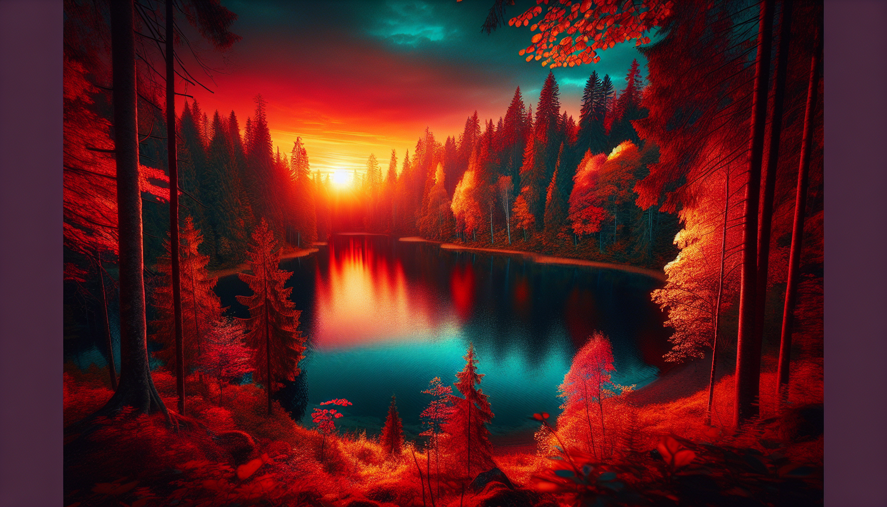Une image réaliste d'un lac serein entouré d'arbres en automne au coucher du soleil.