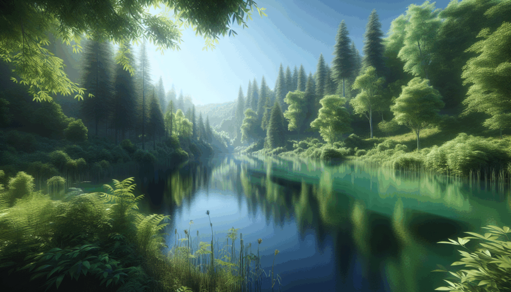 Une image réaliste d'un lac serein entouré d'arbres verts sous un ciel bleu clair.