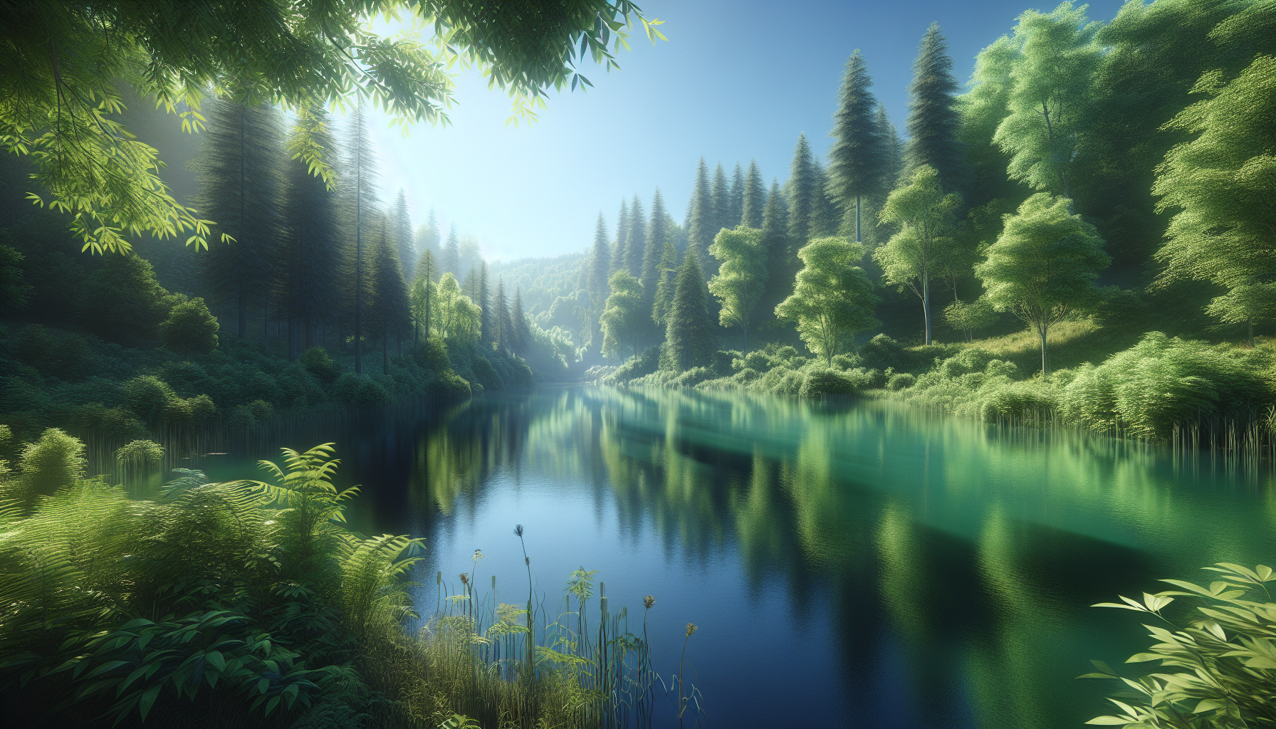 Une image réaliste d'un lac serein entouré d'arbres verts sous un ciel bleu clair.