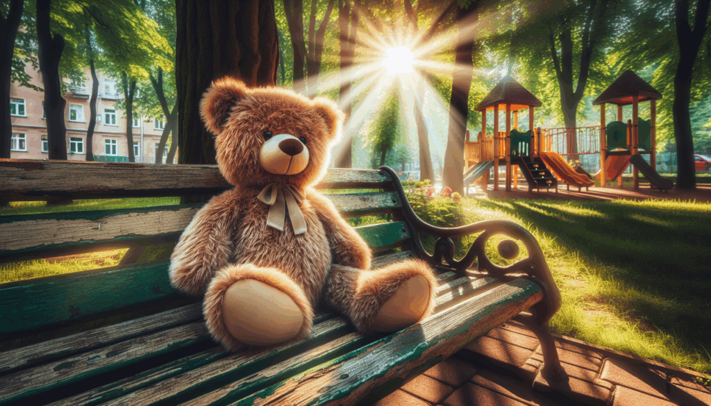 Un ours en peluche assis sur un banc en bois dans un parc ensoleillé.