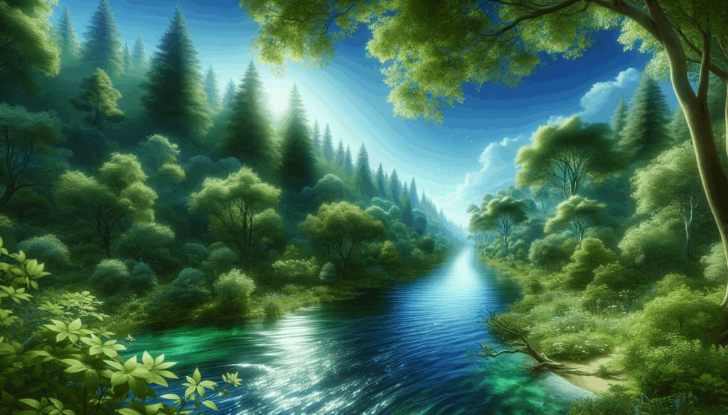 Un paysage serein avec une rivière serpentant à travers une forêt verdoyante sous un ciel bleu clair.
