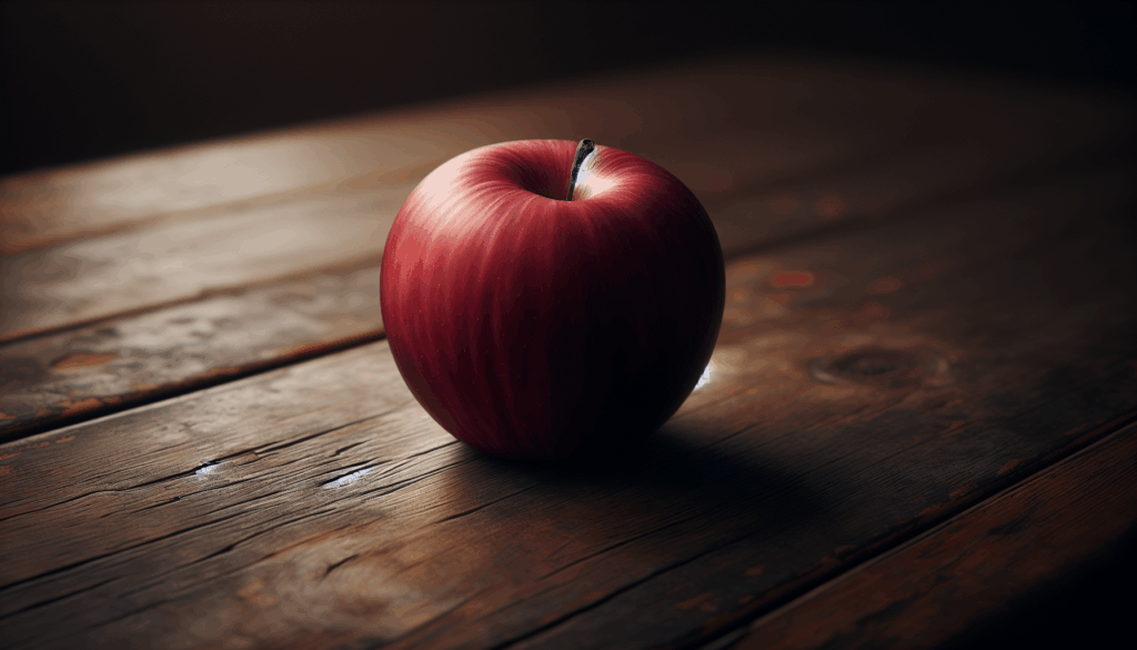 Une pomme réaliste sur une table en bois avec un éclairage naturel doux.