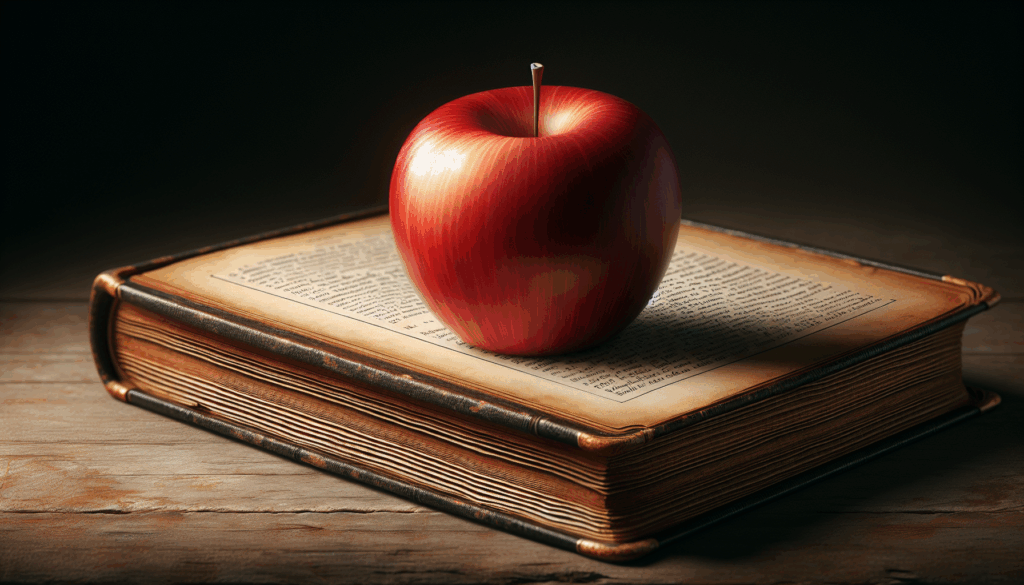 Une image réaliste d'une pomme rouge posée sur un livre ouvert.