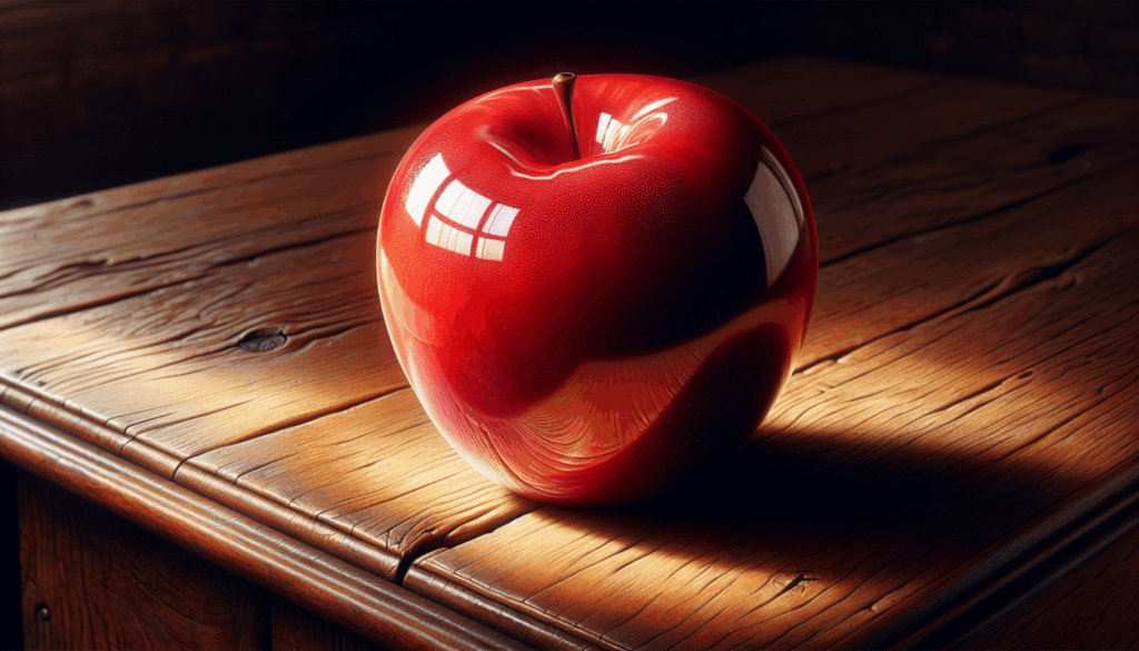 Une image réaliste d'une pomme rouge sur une table en bois.