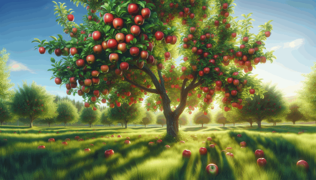 Une représentation réaliste d'un pommier avec des pommes rouges mûres sous un ciel bleu clair.