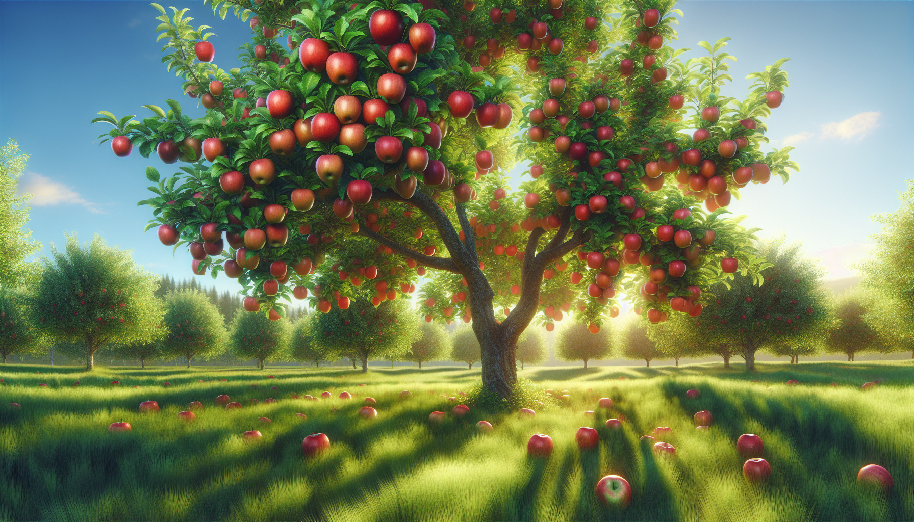 Une représentation réaliste d'un pommier avec des pommes rouges mûres sous un ciel bleu clair.