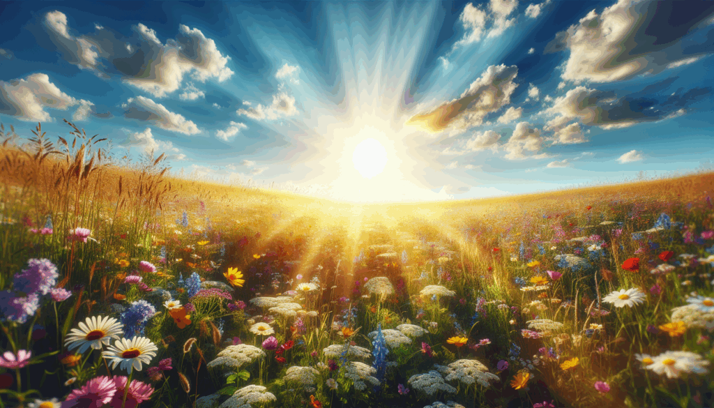 Une image réaliste d'une prairie ensoleillée avec des fleurs sauvages et un ciel bleu clair.