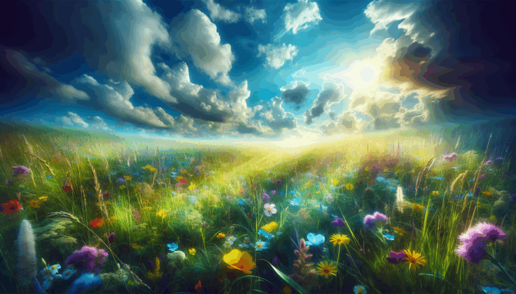 Une prairie verdoyante baignée de soleil avec des fleurs sauvages éparses et un ciel bleu au-dessus.