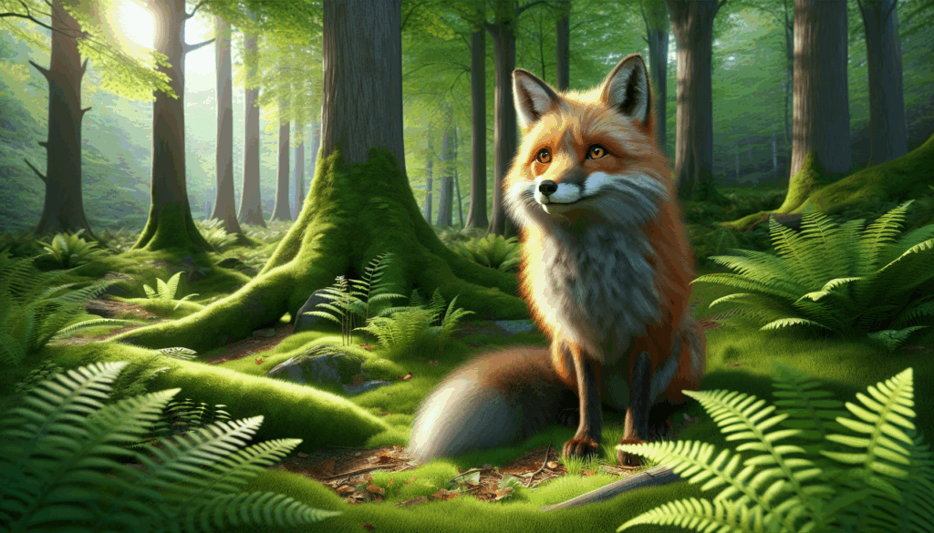 Un renard réaliste assis paisiblement dans une clairière verdoyante de la forêt.