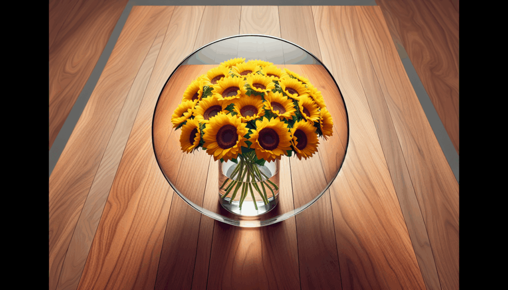 Vase en verre transparent rempli de tournesols jaunes vifs sur une table en bois.