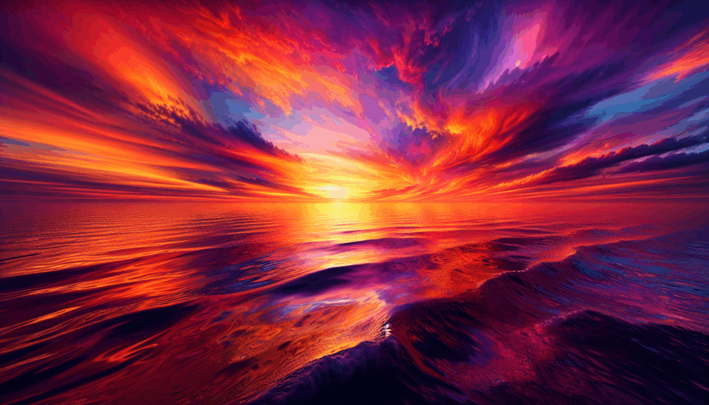 Une image photoréaliste d'un coucher de soleil coloré sur un océan tranquille.