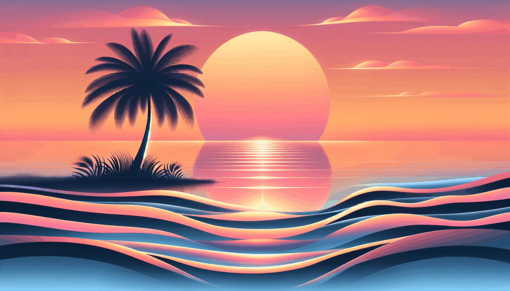 Coucher de soleil sur un océan calme avec la silhouette d'un palmier solitaire.
