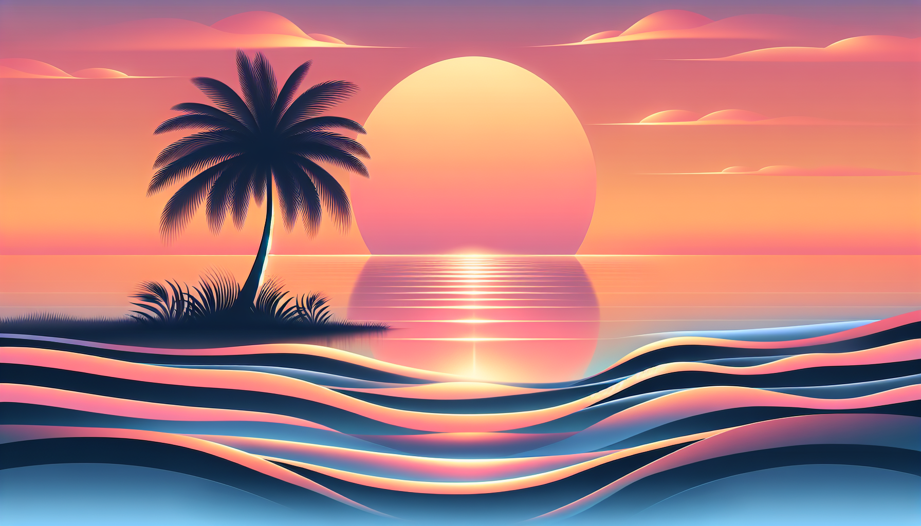 Coucher de soleil sur un océan calme avec la silhouette d'un palmier solitaire.