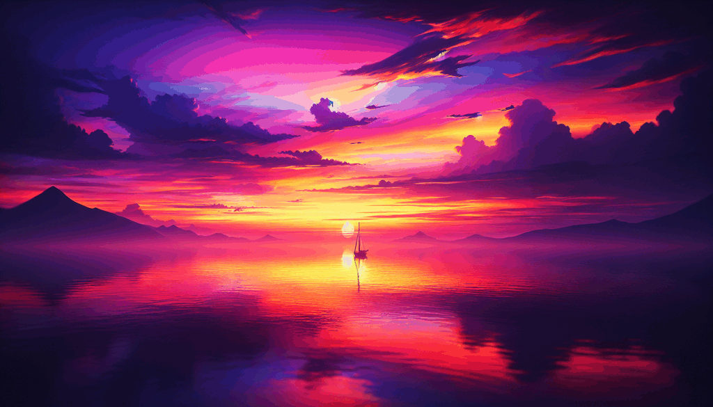 Coucher de soleil sur un océan calme avec la silhouette d'un seul voilier.