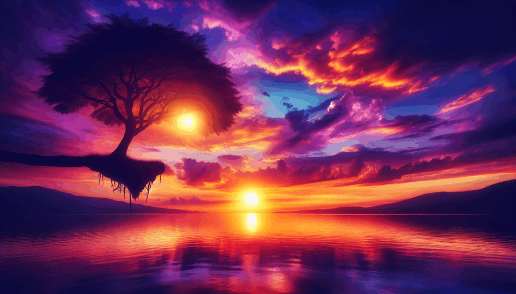 Coucher de soleil sur un lac calme avec une seule silhouette d'arbre.