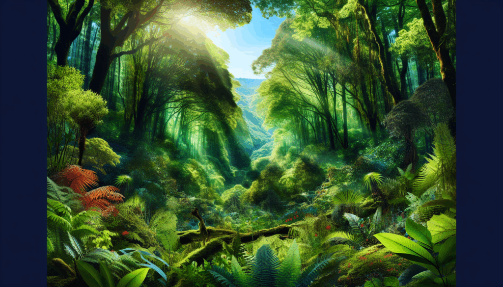 Une image réaliste d'une forêt verdoyante luxuriante avec un ciel bleu clair.