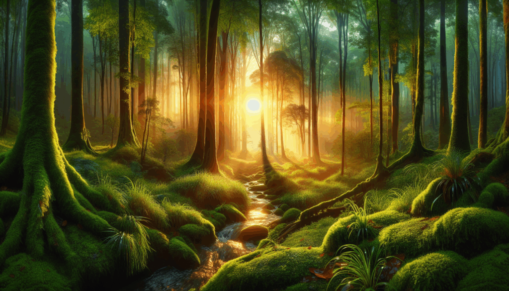 Une image réaliste d'une forêt verdoyante luxuriante au lever du soleil.