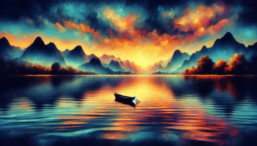 Un lac serein et réaliste avec un bateau solitaire et des montagnes environnantes au coucher du soleil.