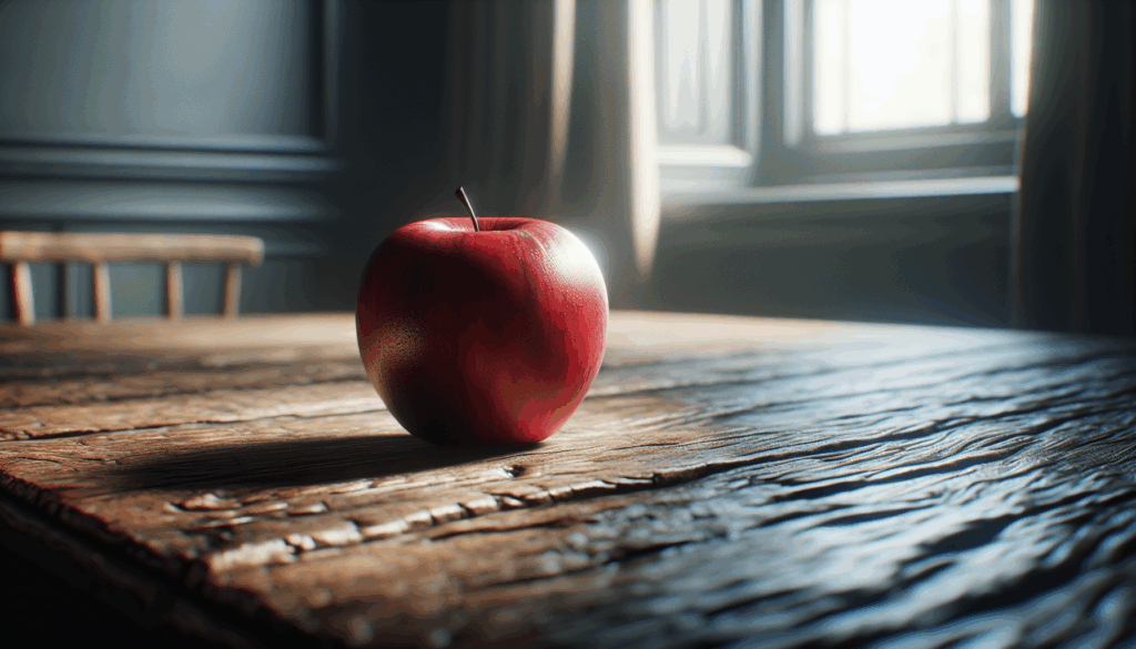 Une pomme rouge réaliste sur une table en bois avec un éclairage naturel doux.