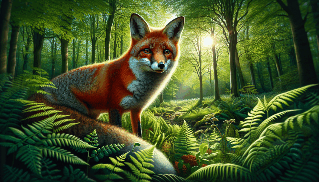 Une image réaliste d'un renard roux dans une clairière verdoyante de forêt.