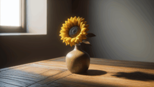 Une image réaliste d'un tournesol dans un vase sur une table en bois.