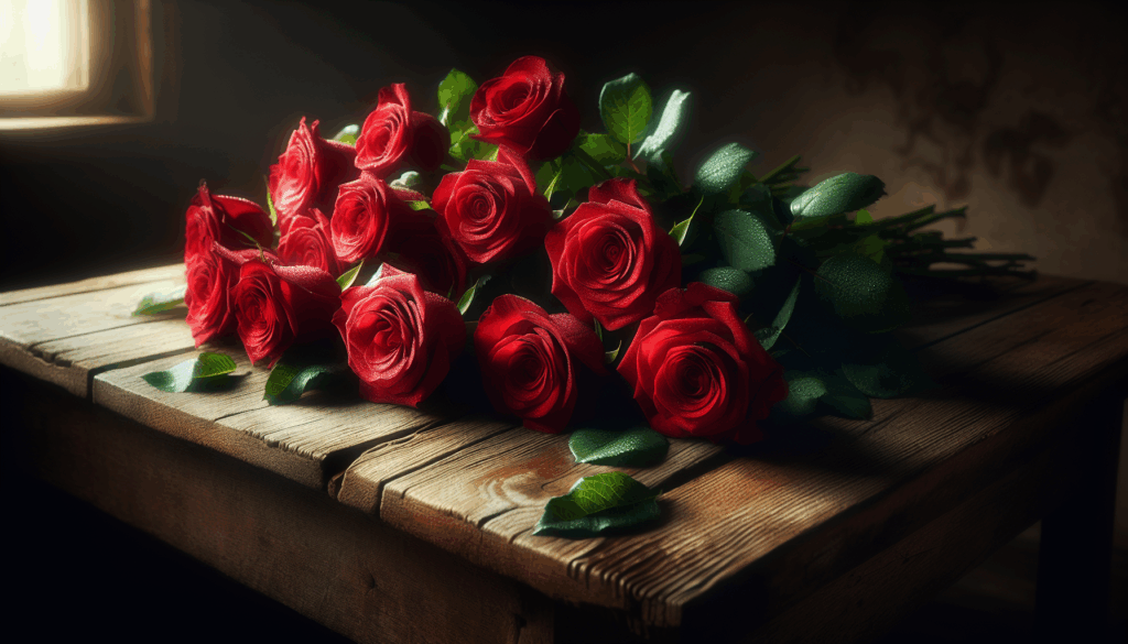 Bouquet de roses rouges sur une table en bois avec un éclairage naturel doux.