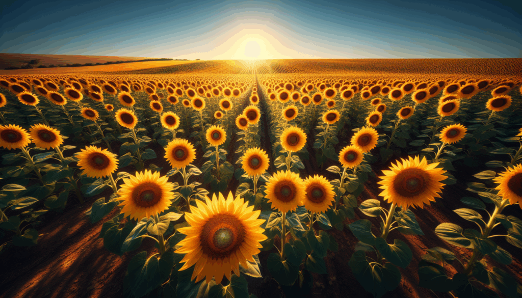 Un champ de tournesols réaliste sous un ciel bleu clair.