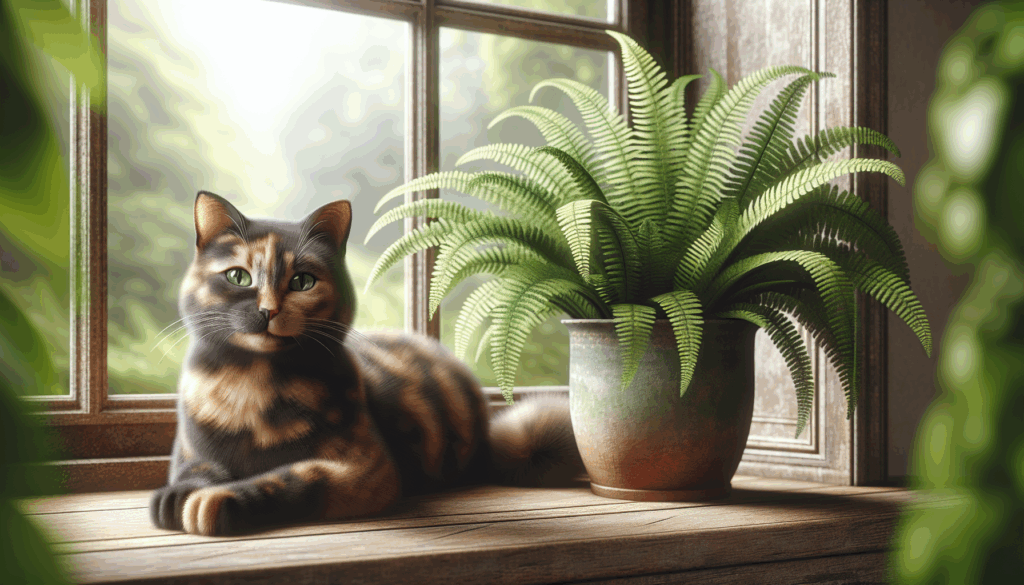Une image réaliste d'un chat assis à côté d'une plante en pot sur un rebord de fenêtre.