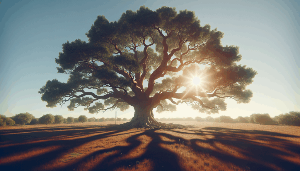 Image réaliste d'un chêne majestueux aux branches étendues par une journée ensoleillée.