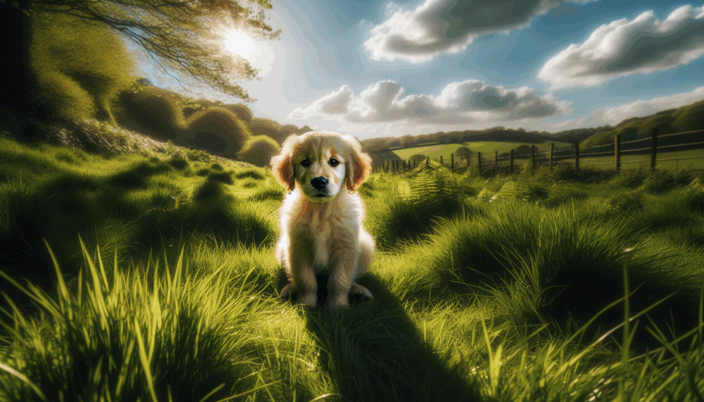 Un chiot golden retriever assis calmement dans un champ herbeux baigné de soleil.