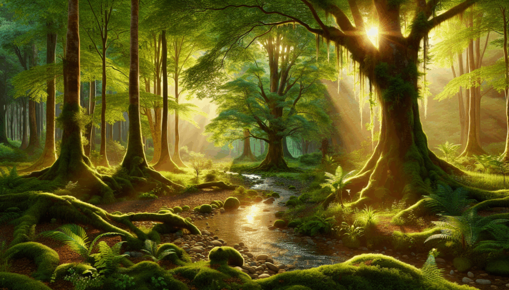 Une clairière ensoleillée dans la forêt avec un ruisseau paisible et des oiseaux gazouillants.