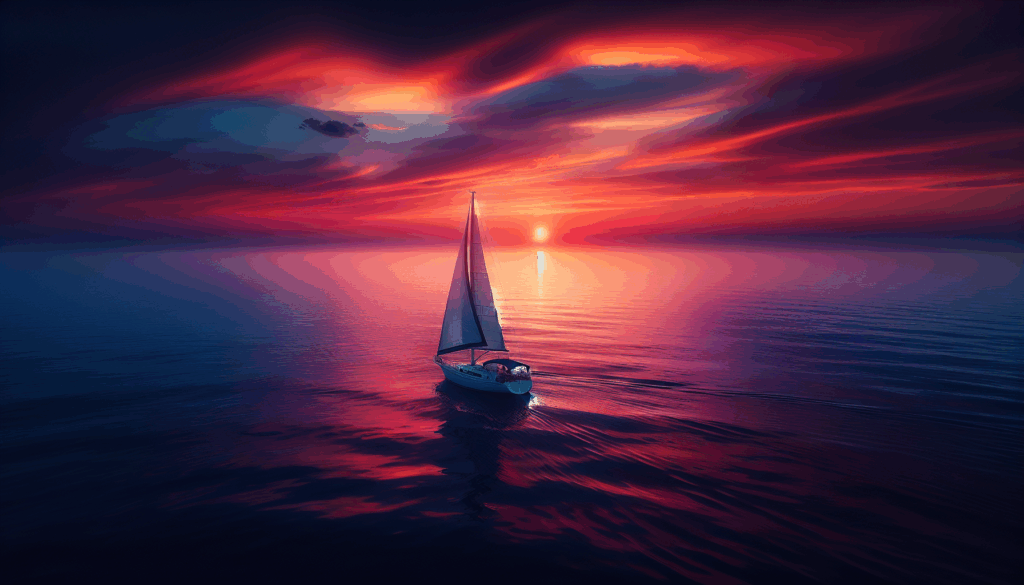 Coucher de soleil sur l'océan avec un voilier solitaire à l'horizon.