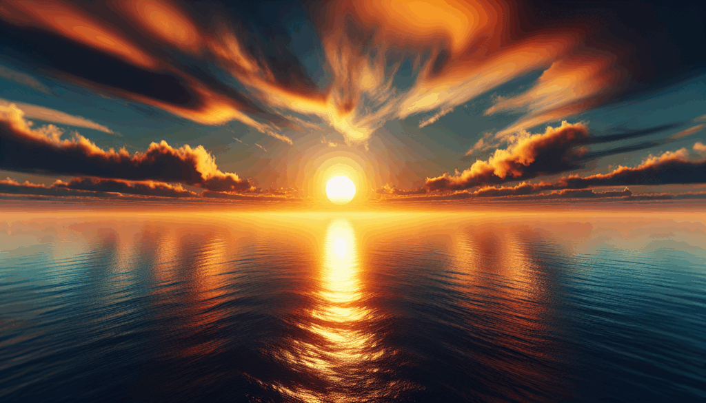 Une image réaliste d'un coucher de soleil serein au-dessus d'un océan calme.