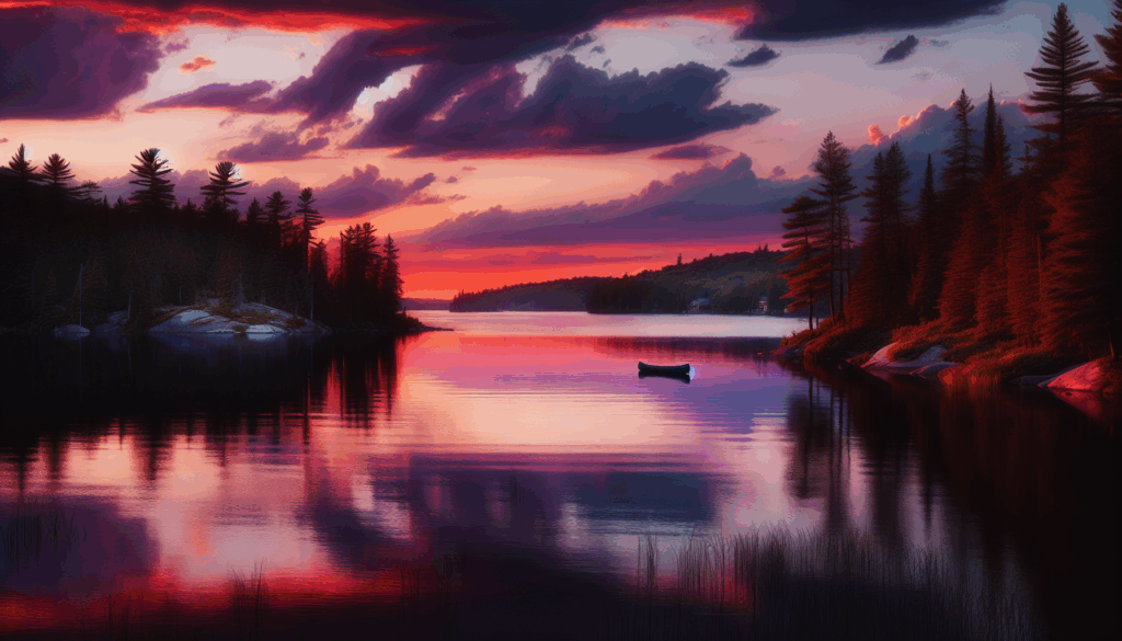 Coucher de soleil sur un lac serein avec un seul canoë flottant doucement.