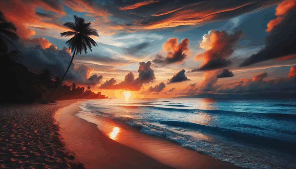 Coucher de soleil sur une plage sereine avec des vagues douces et un palmier solitaire.