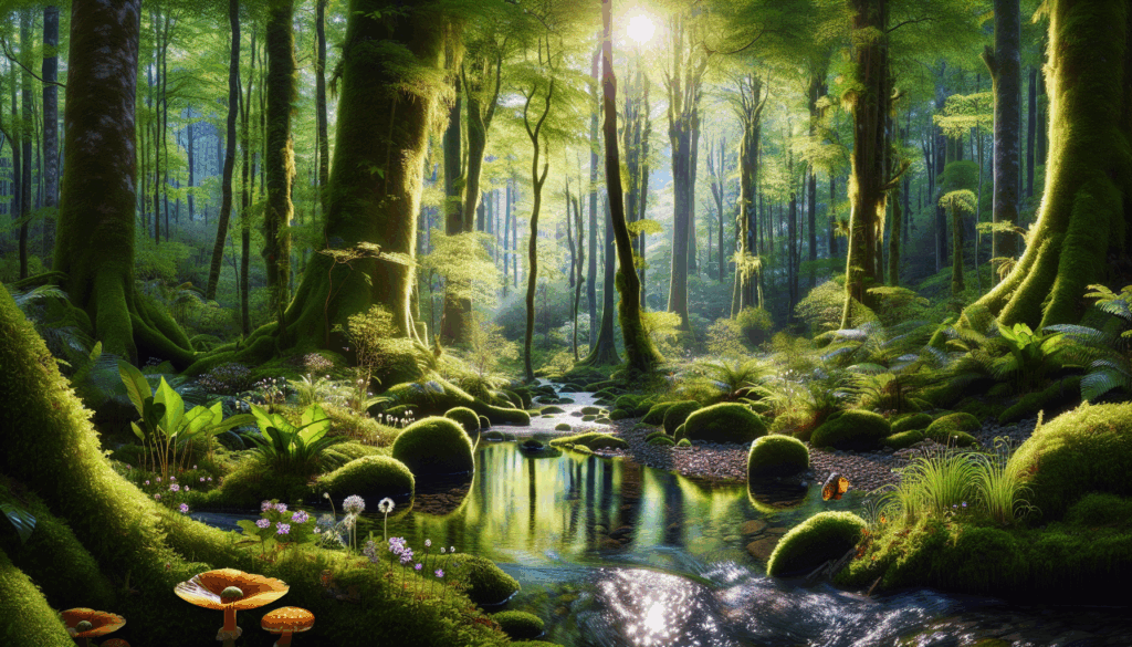 Une image réaliste d'une forêt paisible avec un ruisseau limpide qui la traverse.