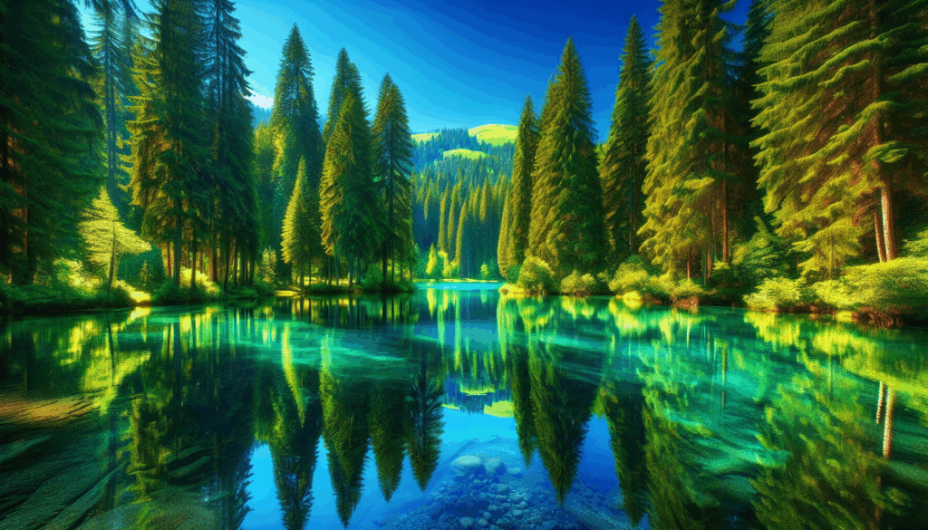 Une image réaliste d'un lac serein entouré de pins verts sous un ciel bleu dégagé.